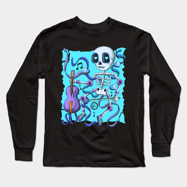 The Skeleton Violin Lover- Día De Los Muertos- Violin music Lover Long Sleeve T-Shirt by Scriptnbones